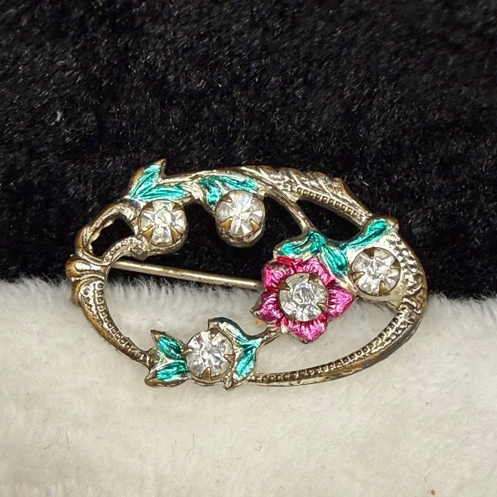 Vintage Flower Brooch Silver Tone Rhinestone Enamel Paste